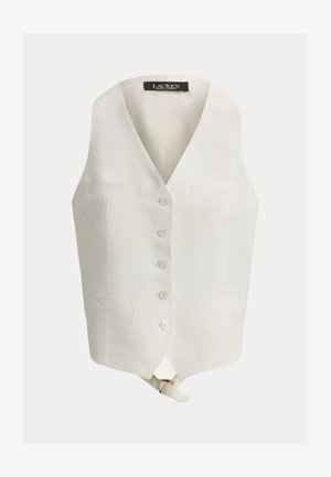 Λευκό αμάνικο γιλέκο με κουμπιά, V-λαιμόκοψη, τέσσερα κουμπιά μπροστά, δύο θήκες στο στήθος και ρυθμιζόμενο πίσω λουρί, με ετικέτα Lauren Ralph Lauren.