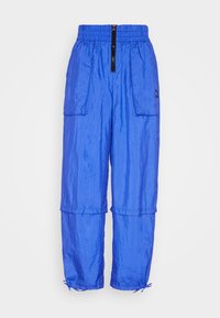 Pantalones cargo ligeros y azules con cinturilla elástica, cierre de cremallera, dos bolsillos laterales y dobladillos con cordón para un ajuste ajustable.