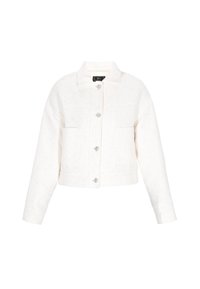 Witte cropped jas van gestructureerde stof, met opgestikte zakken, een puntige kraag en sluitingen met zilveren knopen voor extra detail.