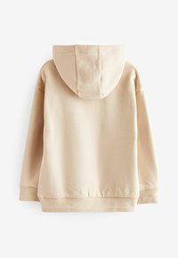Felpa con cappuccio beige, tessuto morbido, polsini e orlo a coste, vestibilità rilassata, texture liscia, design monocolore, senza grafiche o dettagli visibili.