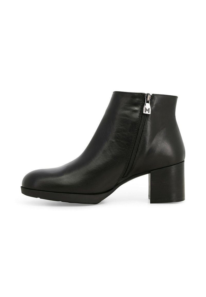 Stivale alla caviglia in pelle nera con punta rotonda, chiusura con zip laterale, tacco spesso e design minimale. Texture liscia senza motivi visibili.