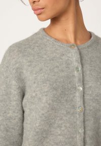 Moteris dėvi minkštą pilką megztinį su apvaliais mygtukais, šiek tiek pasisukusi į šoną, neutralaus fono fone.