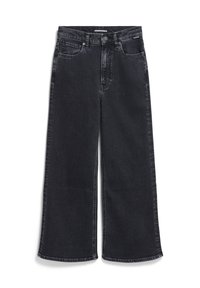 Jean en denim noir à jambes larges avec une taille structurée, poches avant et une texture légèrement délavée. Coupe droite jusqu'à la cheville.