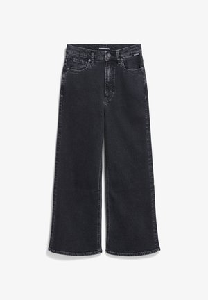 Zwarte denim jeans met wijde pijpen, een gestructureerde tailleband, voorkwasten en een subtiele vervaagde textuur. Rechtonder in de enkel.