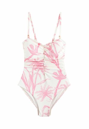 Hvid badedragt med pink tropiske fugle- og plante mønstre og rynket detalje midt foran med tynde, justerbare skulderstropper.