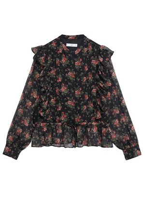 Czarna prześwitująca bluzka z czerwonym kwiatowym nadrukiem, długimi bufkami na rękawach, falbankami z przodu i na ramionach oraz marszczonym dołem ze sznurkiem w talii.