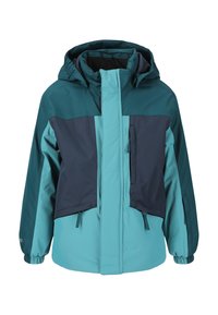 Farverig, vandafvisende jakke med teal- og mørkeblå farveblokdesign, lynlåslommer og hætte. Lavet af syntetiske materialer.