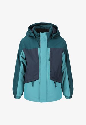 Colorful, water-resistant jacket featuring a teal and dark navy color block design, zippered pockets, and a hood. Made from synthetic materials.