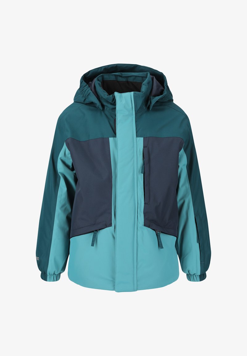 Farverig, vandafvisende jakke med teal- og mørkeblå farveblokdesign, lynlåslommer og hætte. Lavet af syntetiske materialer.