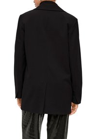 Black tailored blazer with a notch collar, double vent at the back, structured shoulders, and long sleeves. Smooth texture with clean lines.
