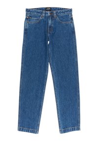 Blaue Jeans aus Denim mit geradem Bein, sichtbaren Nähten und einem klassischen Fünf-Taschen-Stil. Verfügt über einen Metallknopfverschluss und Gürtelschlaufen.