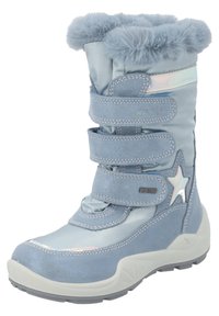 Stivali invernali azzurro chiaro con risvolto in pelliccia sintetica, tre fasce in Velcro, accento a forma di stella, sopra lucido e suola in gomma testurizzata.