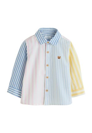 Langärmliges Hemd mit Knopfleiste und vertikalen Streifen in Blau, Pink und Gelb, mit einem kleinen Bärenaufnäher auf der Brust.