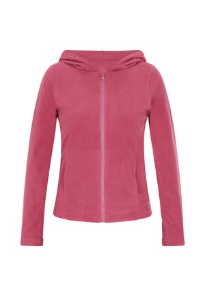 Fleecejacke in sanftem Rosa mit durchgehendem Reißverschluss, langen Ärmeln und Kapuze. Sie hat eine glatte Textur und keine zusätzlichen Muster oder Akzente.