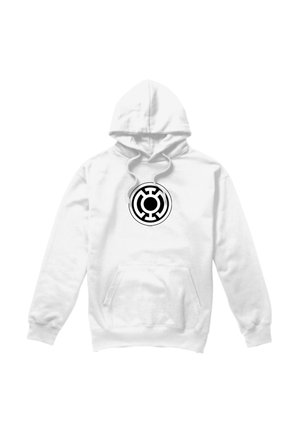 White hoodie with front pocket and black circular geometric symbol centered on chest.