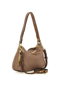 Borsa a tracolla in suede marrone con forma curvata, manico in pelle e hardware color oro. Presenta una chiusura a zip e una tracolla regolabile.