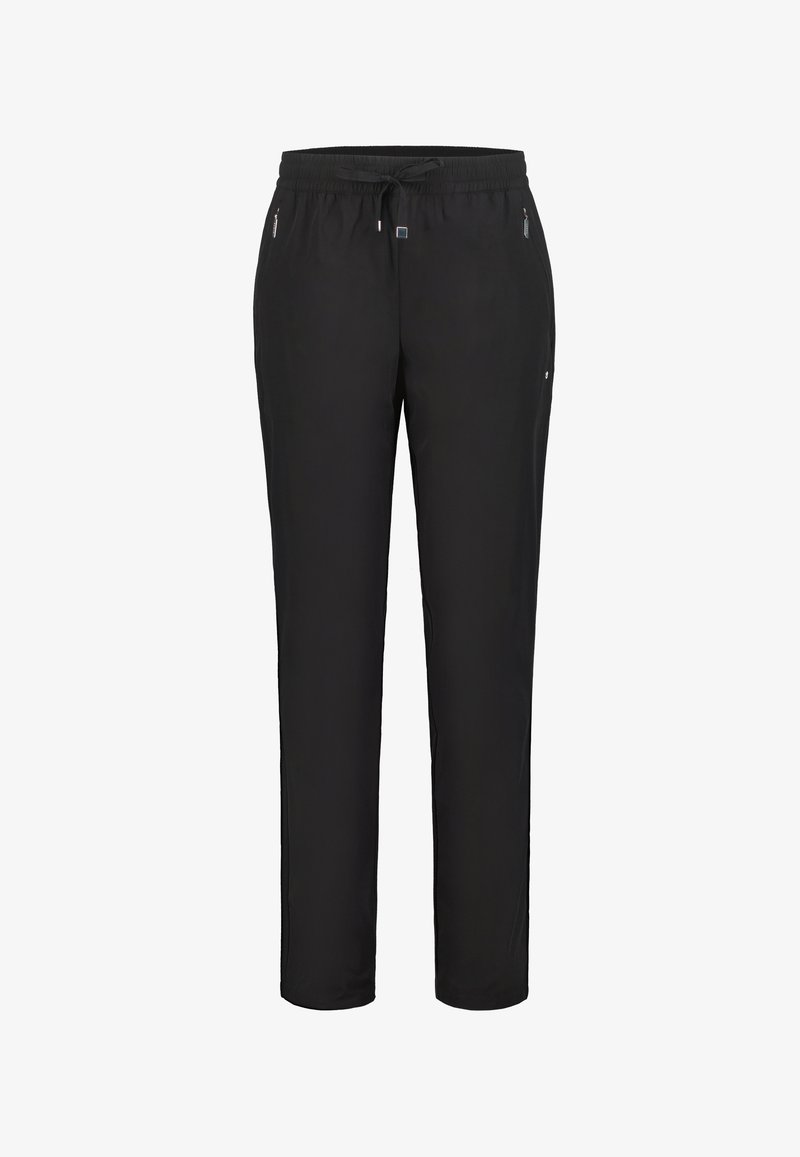 Czarne casualowe spodnie z elastycznym pasem, sznurkiem i zapinanymi na suwak bocznymi kieszeniami, zaprojektowane dla luźnego dopasowania.