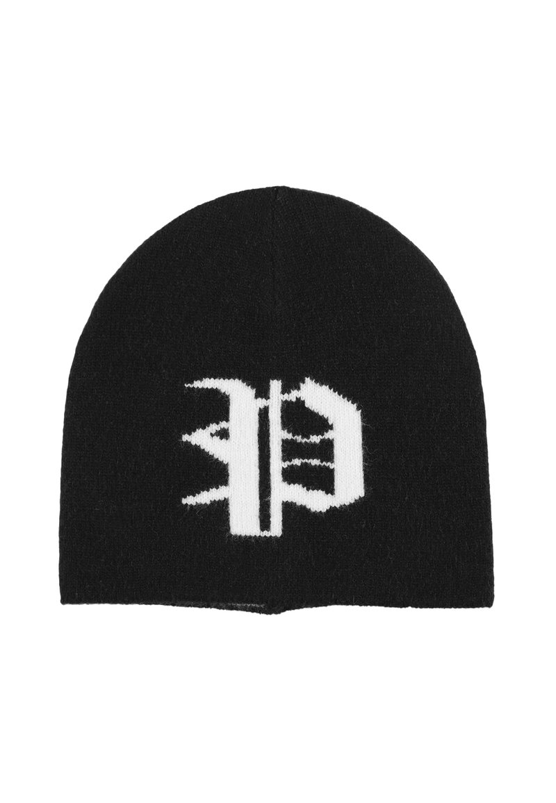 Czarna dzianinowa czapka typu beanie z białym graficznym wzorem. Miękka w dotyku, dopasowana, z zaokrąglonym wierzchołkiem i bezszwowym wykończeniem.