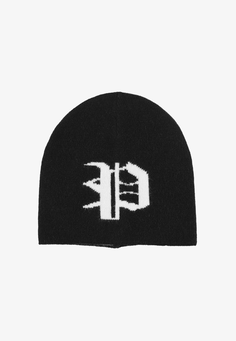 Czarna dzianinowa czapka typu beanie z białym graficznym wzorem. Miękka w dotyku, dopasowana, z zaokrąglonym wierzchołkiem i bezszwowym wykończeniem.
