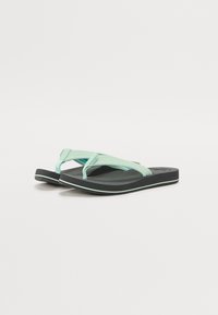 Flip-flop sandals with a mint green strap and black sole, featuring a textured footbed and a white accent line along the sole.