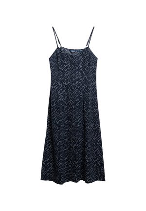 Navy blauwe mouwloze jurk met dunne bandjes, voorzien van een stippenpatroon en een vloeiende A-lijn silhoeet. Gemaakt van lichtgewicht stof.