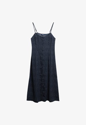 Vestido sin mangas azul marino con tirantes finos, que presenta un patrón de lunares y una silueta A-line fluida. Fabricado con un tejido ligero.