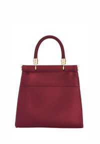 Borsa in satin bordeaux con forma strutturata, doppio manico, finiture in oro e dettagli cuciti sulla parte anteriore.