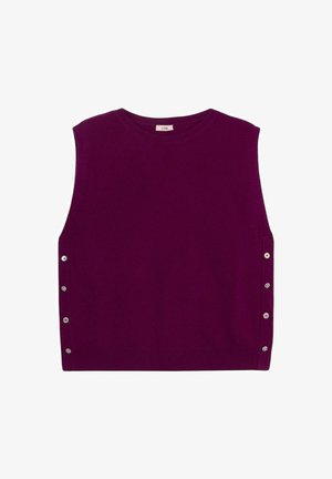 Lilla ærmeløs strikket top med rund halsudskæring og slidser i siderne, med skinnende sølvfarvet hardware og dekorative knapper langs kanterne.
