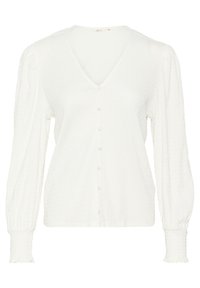 Blusa bianca a maniche lunghe con scollatura a V, caratterizzata da un tessuto testurizzato, chiusura a bottoni davanti e polsini arricciati. Nessun motivo o decorazione distintiva.