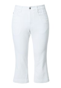 Pantalones capri de mezclilla blanca con corte recto, que cuentan con un cierre frontal de botón, dos bolsillos frontales y sutiles detalles de costura.