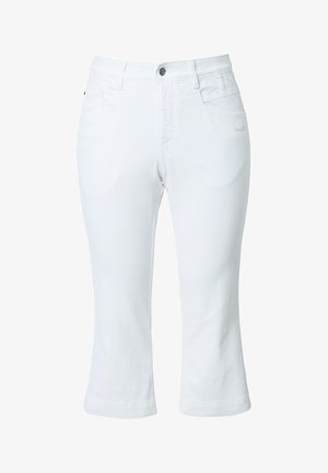 Witte denim capri-pantalon met een rechte pijl, voorzien van een sluiting met een knop aan de voorkant, twee frontzakken en subtiele stikaccenten.