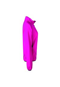 Bright pink, lightweight jacket with a stand collar and zippered pockets. Features a smooth texture and elastic cuffs at the hem.