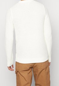 Witte gebreide trui met een gestructureerd patroon, ronde halslijn, ribgebreide manchetten en zoom. Draagt over bruine cargobroek, met een weergave van de achterkant.
