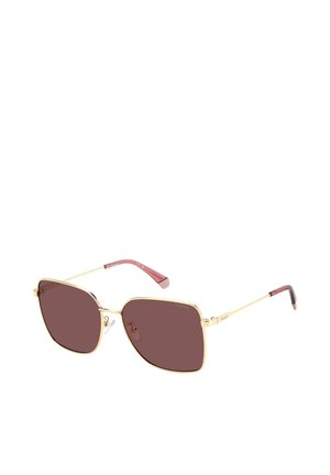 Gold metal-frame sunglasses with square brown lenses and pink temple tips, featuring adjustable nose pads.