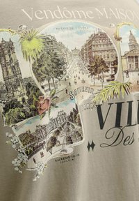 Skizzen im Vintage-Stil von Pariser Wahrzeichen, Bäumen und Straßen mit floralen Akzenten und Texten, die Vendôme, Opéra und Luxemburg erwähnen.