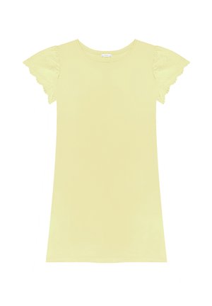 Lichtgele korte mouwen jurk met gegolfde kanten afwerking aan de mouwen en een ronde hals, afgebeeld op een witte achtergrond.