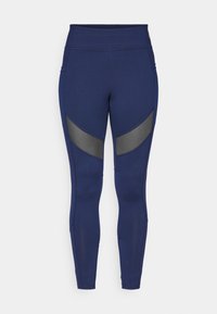 Leggings blu navy realizzati in materiale elasticizzato, con pannelli grigi e una vita alta. Progettati per l'abbigliamento sportivo.