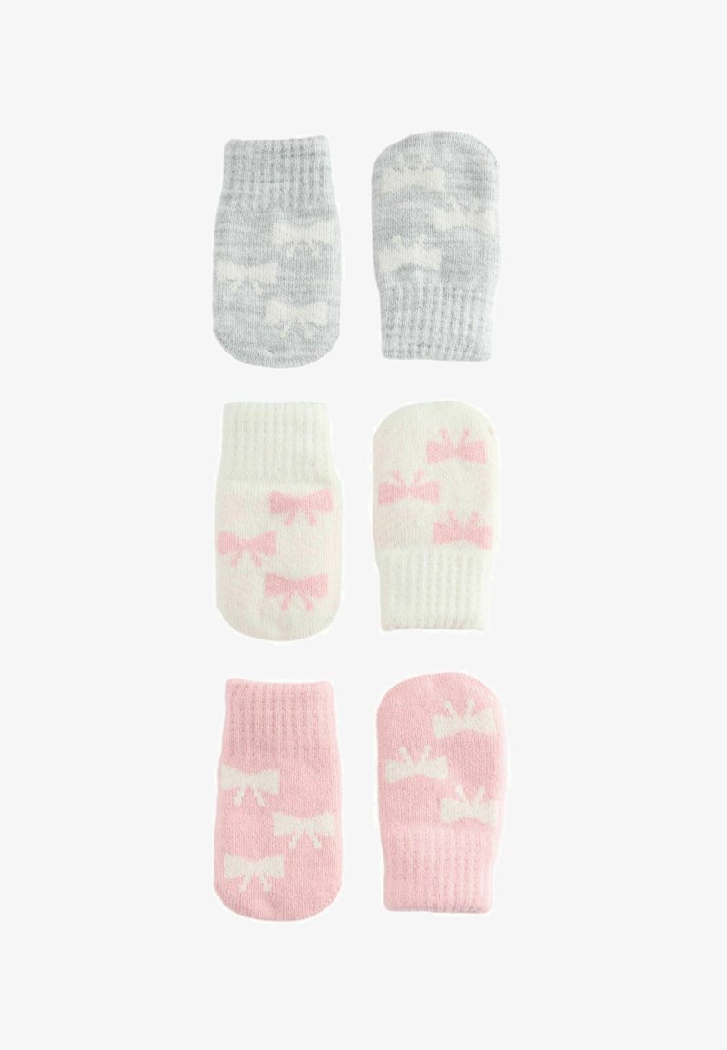 Six knitted baby mittens arranged in three pairs, featuring gray, white, and pink colors with bow patterns.