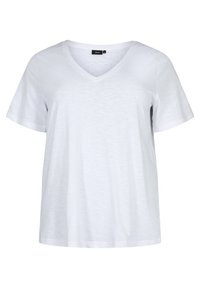 Witte v-hals t-shirt van lichtgewicht stof, met korte mouwen, een relaxte pasvorm en een subtiele textuur. Geen zichtbare patronen of accenten.