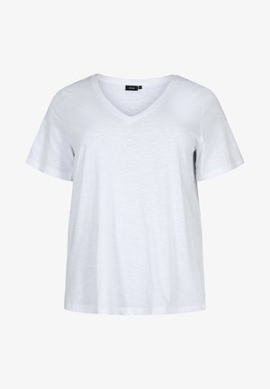 Valge V-kujuline T-särk, mis on valmistatud kergest kangast, lühikeste varrukate, lõdva istuvuse ja peene tekstuuriga. Pole nähtavaid mustreid ega aktsente.