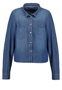 Denim shirt, dark blue, long sleeves, button-down front, two chest pockets, cropped design, smooth texture, silver snap buttons.