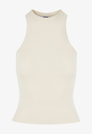 Ženský svetločokoládový bezrúškový top s ryhovaným vzorom a vysokým golierom, prispôsobený pre maximálne pohodlie, vyrobený z mäkkého a elastického materiálu.