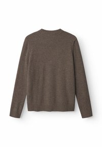 Brauner Pullover mit langen Ärmeln, ribbeligem Halsausschnitt und Saum. Weiche Textur mit glatter Oberfläche, lässige Passform und minimales Design.