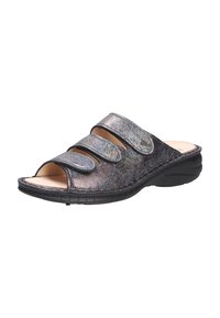 Three-strap slide sandals with an open toe, made of multicolored textured material and a black rubber sole, featuring velcro closures.