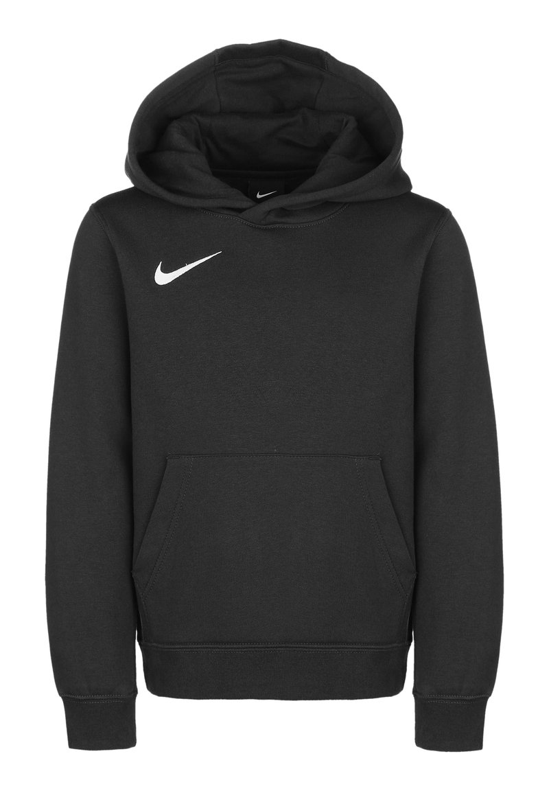 Zwarte hoodie gemaakt van een katoenmix. Bevat een kangoeroezak, ribbelboorden en een wit Nike-logo op de borst.