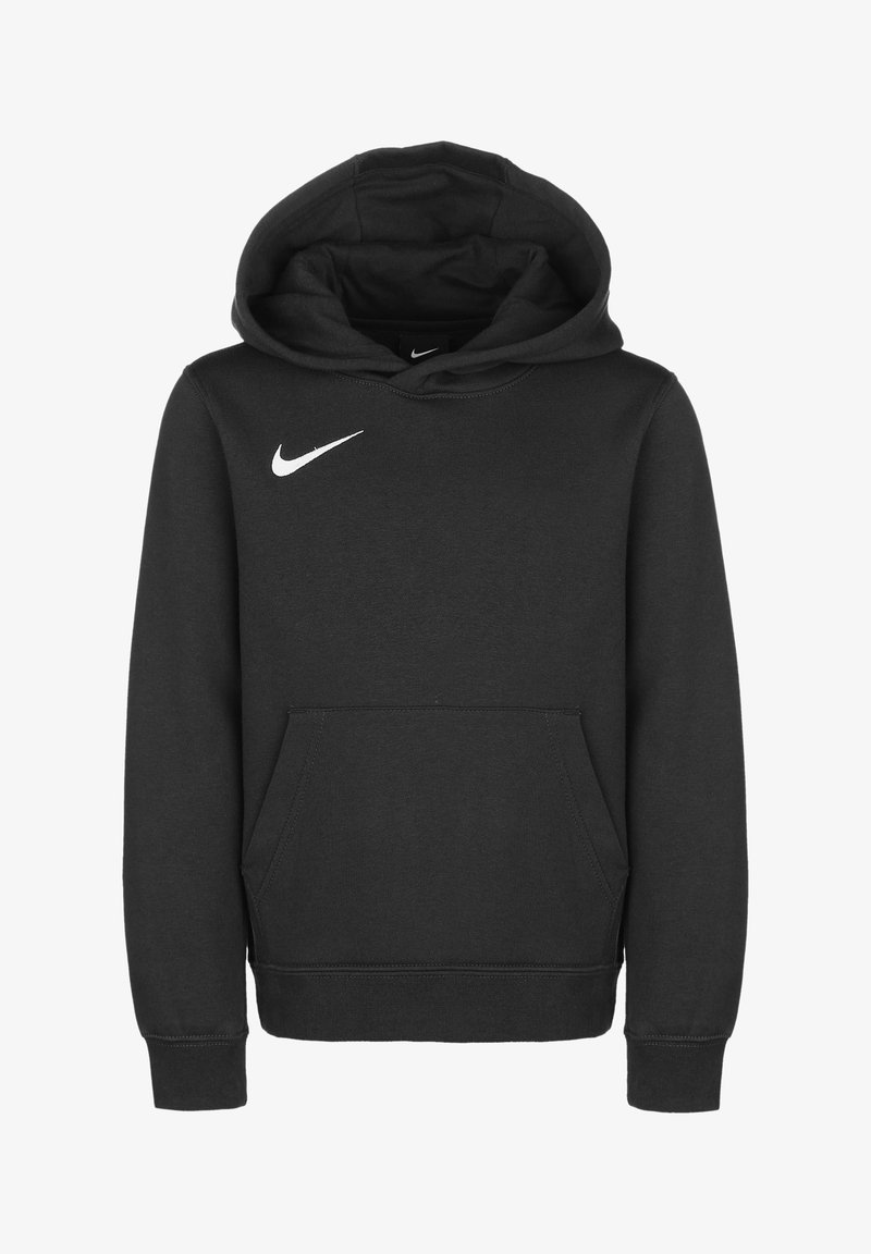 Schwarzer Kapuzenpullover aus einem Baumwollmischgewebe. Verfügt über eine Kängurutasche, gerippte Bündchen und ein weißes Nike-Logo auf der Brust.