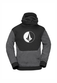Hoodie noir avec un motif texturé de tourbillons blancs, un col montant et un logo central. Tissu doux avec une coupe ajustée.