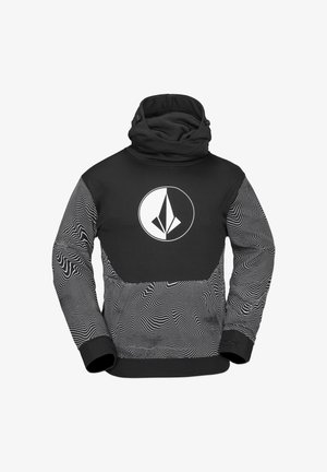 Hoodie noir avec un motif texturé de tourbillons blancs, un col montant et un logo central. Tissu doux avec une coupe ajustée.