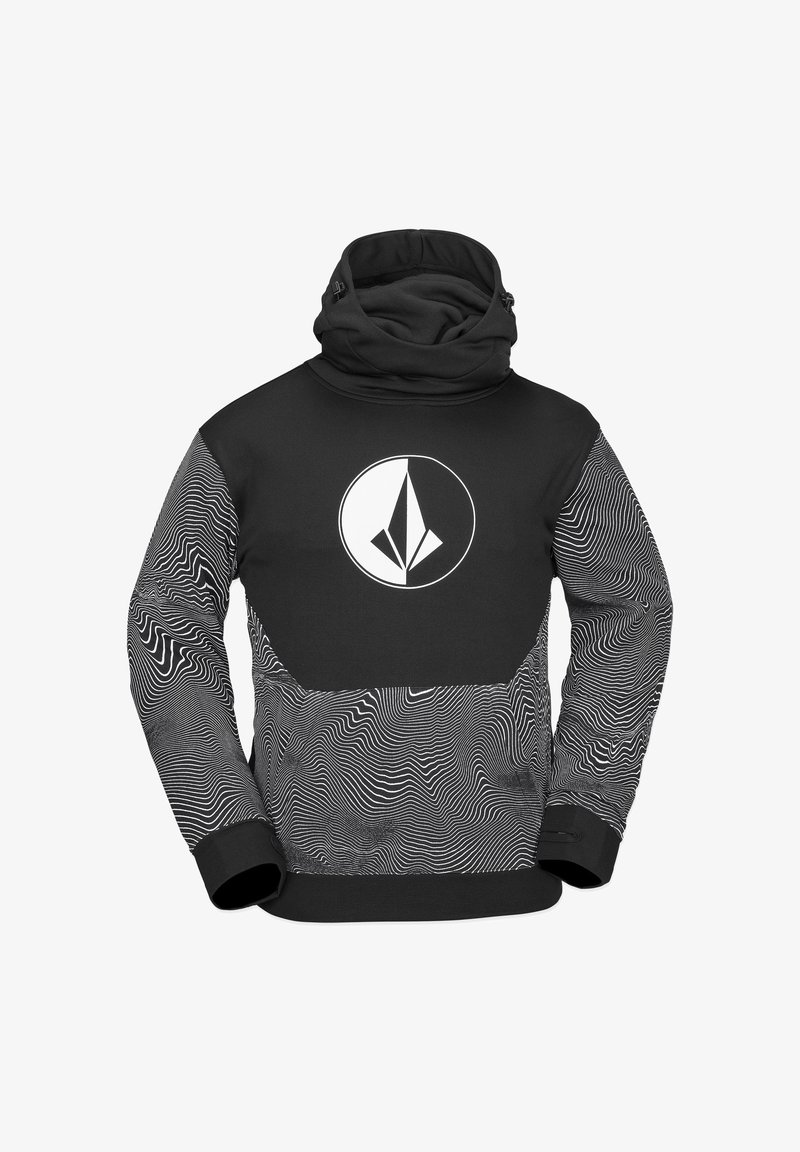 Hoodie noir avec un motif texturé de tourbillons blancs, un col montant et un logo central. Tissu doux avec une coupe ajustée.