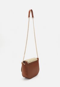 Borsa a tracolla in pelle marrone con tracolla in catena dorata e dettagli in tessuto intrecciato beige su sfondo bianco.